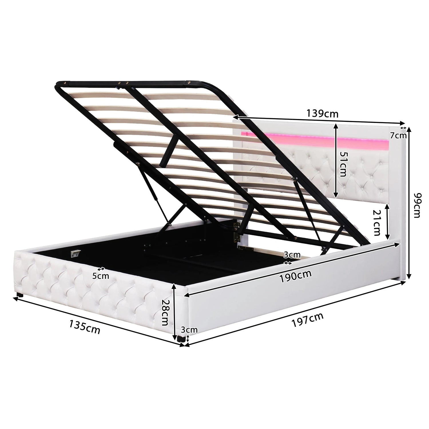 Upholstered Bed with Slatted Frame, Storage Space &amp; Multi-Color LED Lighting (PU Leather) Bed Manwatstore