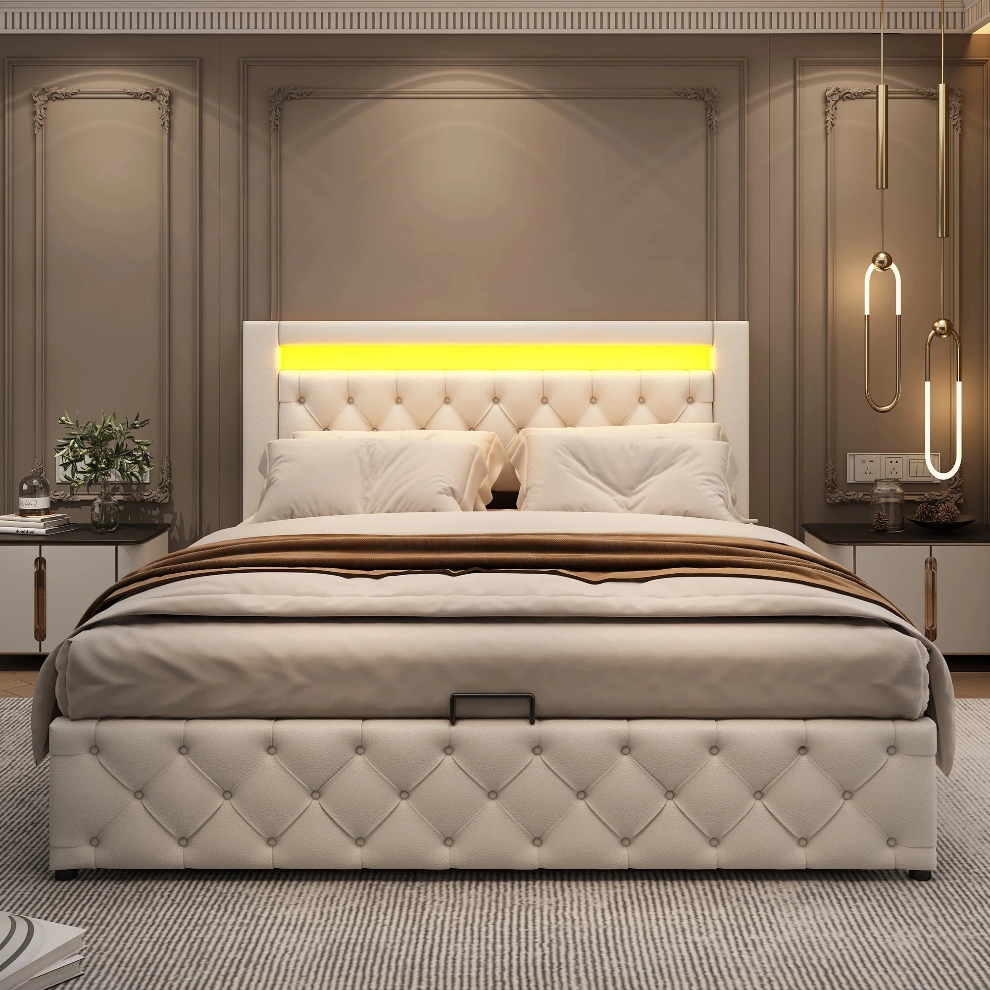 Upholstered Bed with Slatted Frame, Storage Space &amp; Multi-Color LED Lighting (PU Leather) Bed Manwatstore