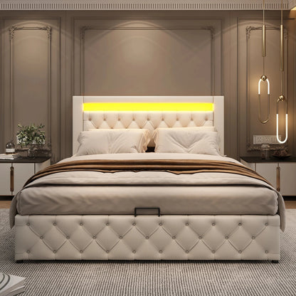 Upholstered Bed with Slatted Frame, Storage Space &amp; Multi-Color LED Lighting (PU Leather) Bed Manwatstore