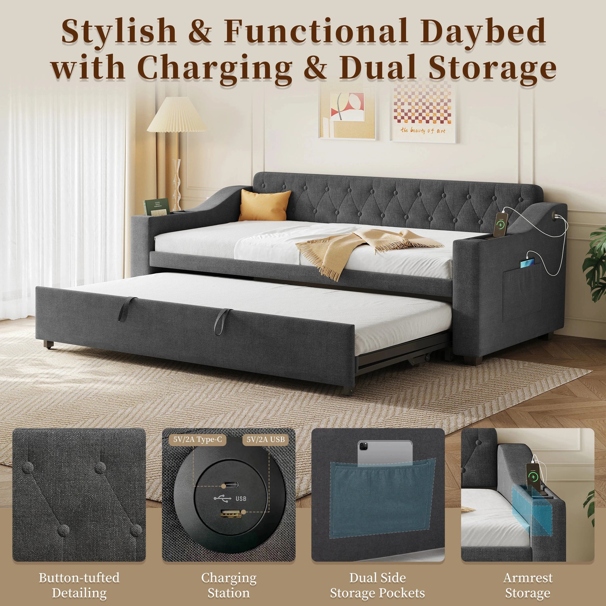 Upholstered Daybed Sofa Bed 90×190 cm with Charging Station – 3FT Single Linen Bed Frame Manwatstore