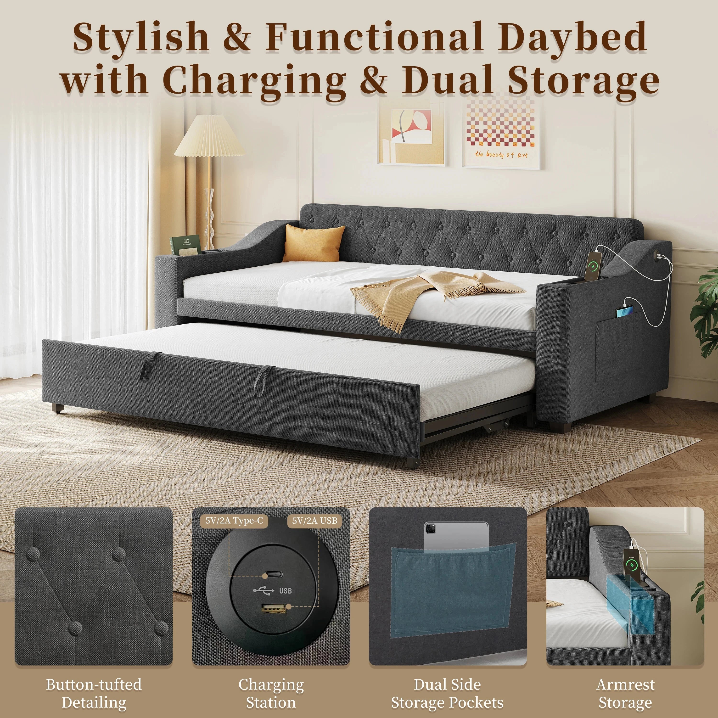 Upholstered Daybed Sofa Bed 90×190 cm with Charging Station – 3FT Single Linen Bed Frame Manwatstore