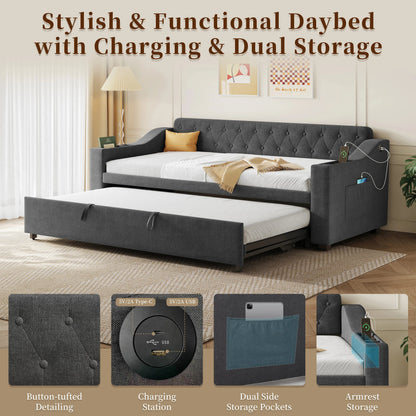 Upholstered Daybed Sofa Bed 90×190 cm with Charging Station – 3FT Single Linen Bed Frame Manwatstore
