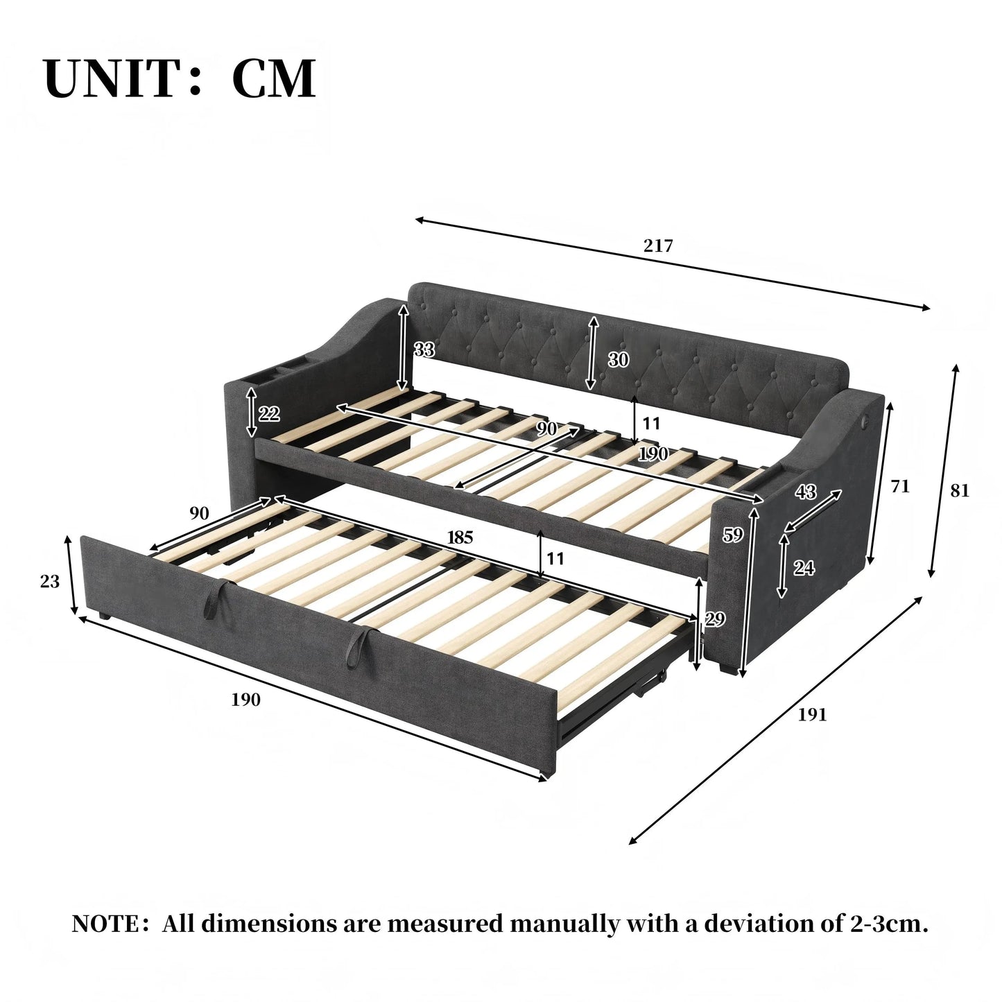 Upholstered Daybed Sofa Bed 90×190 cm with Charging Station – 3FT Single Linen Bed Frame Manwatstore