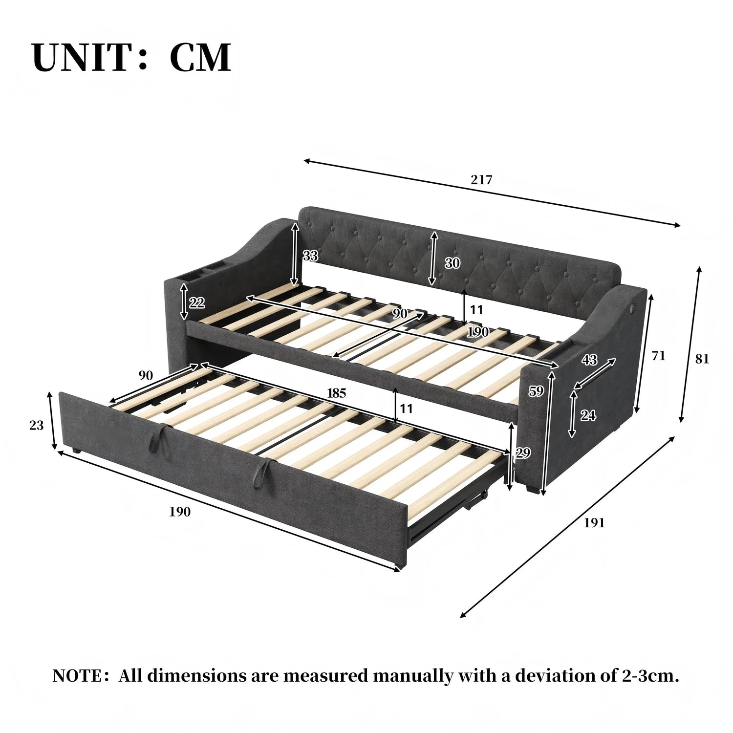 Upholstered Daybed Sofa Bed 90×190 cm with Charging Station – 3FT Single Linen Bed Frame Manwatstore