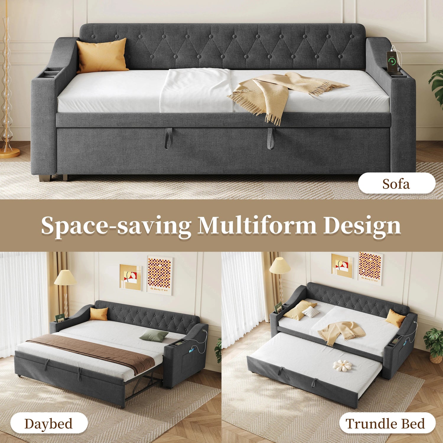 Upholstered Daybed Sofa Bed 90×190 cm with Charging Station – 3FT Single Linen Bed Frame Manwatstore
