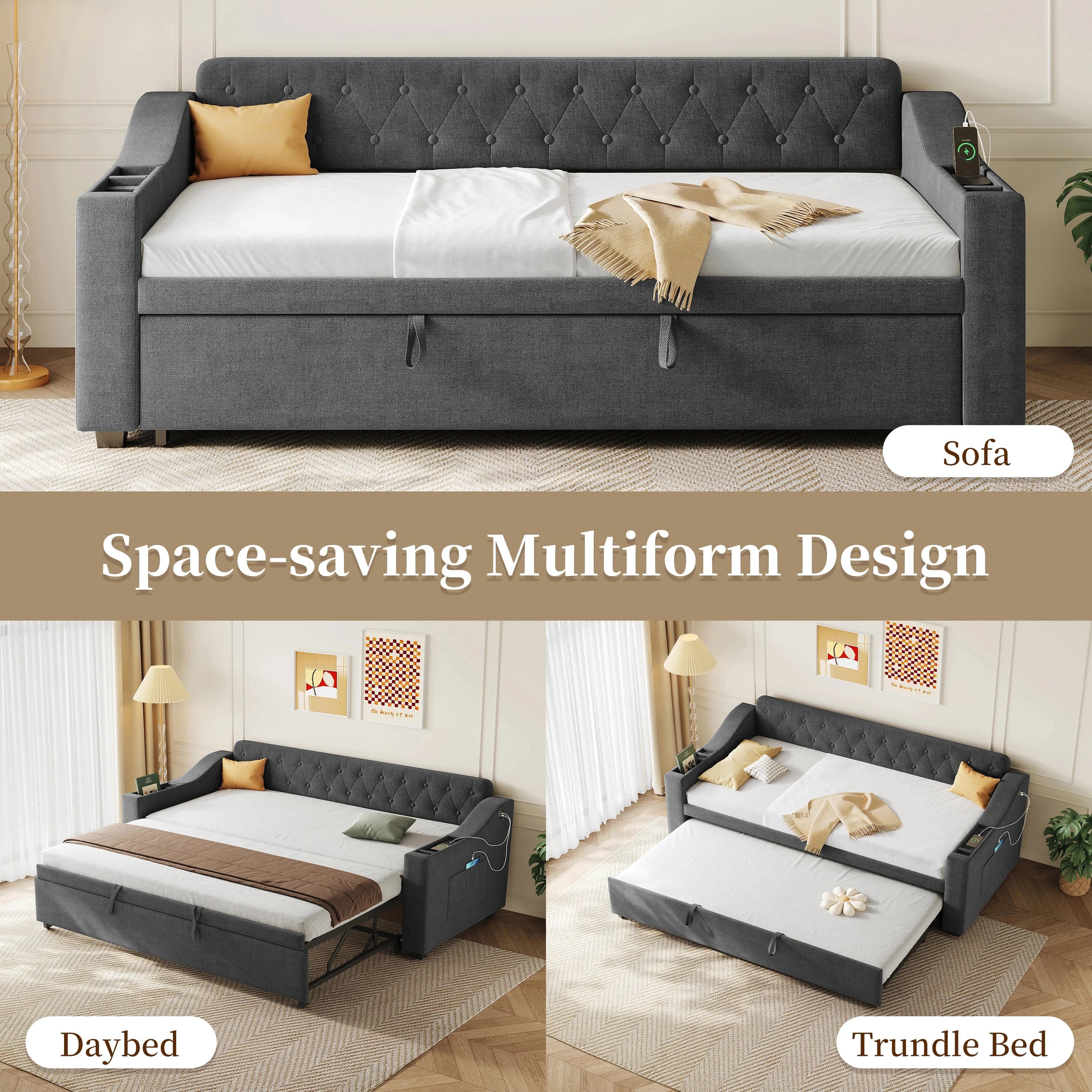 Upholstered Daybed Sofa Bed 90×190 cm with Charging Station – 3FT Single Linen Bed Frame Manwatstore