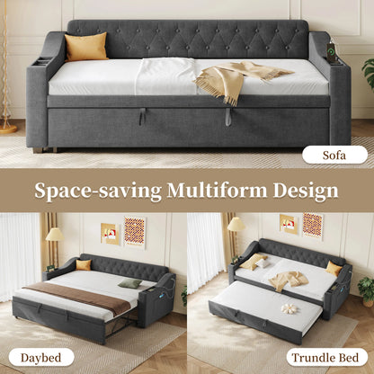 Upholstered Daybed Sofa Bed 90×190 cm with Charging Station – 3FT Single Linen Bed Frame Manwatstore