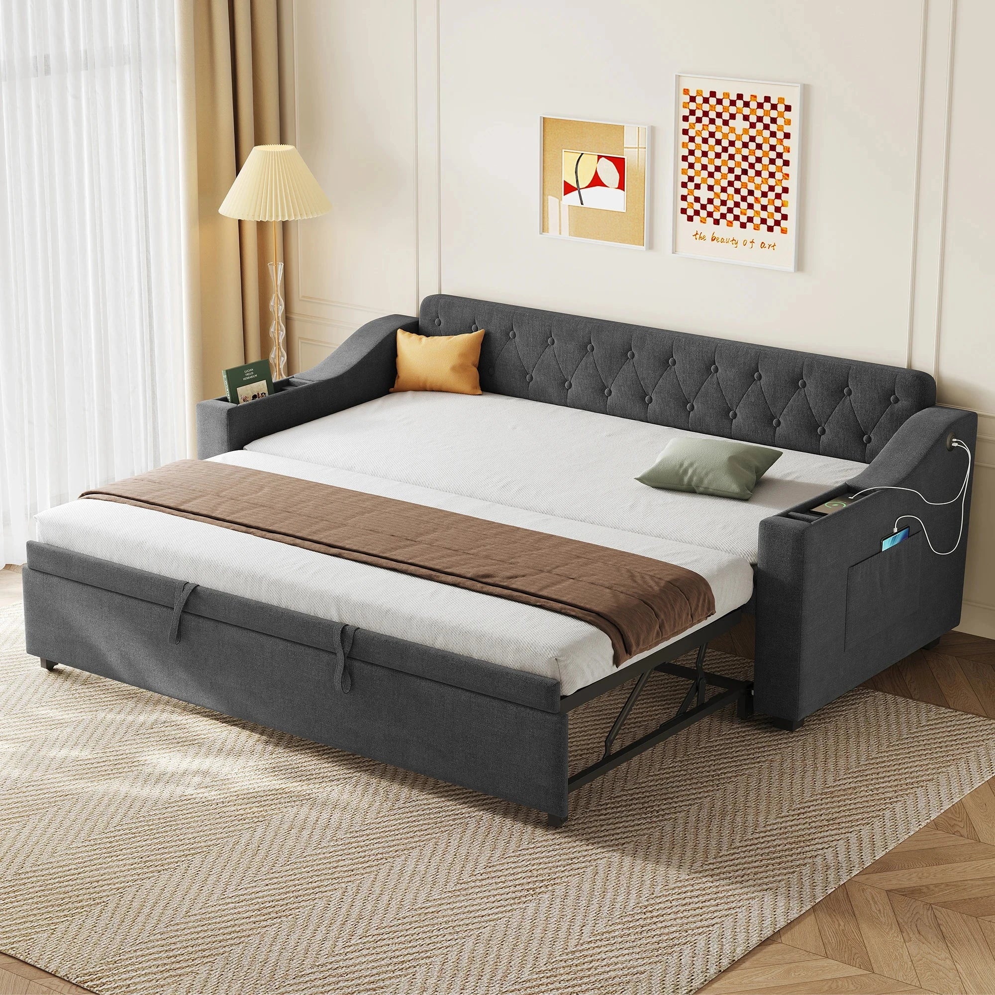 Upholstered Daybed Sofa Bed 90×190 cm with Charging Station – 3FT Single Linen Bed Frame Manwatstore