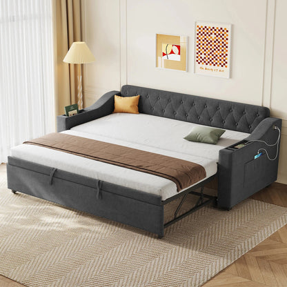 Upholstered Daybed Sofa Bed 90×190 cm with Charging Station – 3FT Single Linen Bed Frame Manwatstore