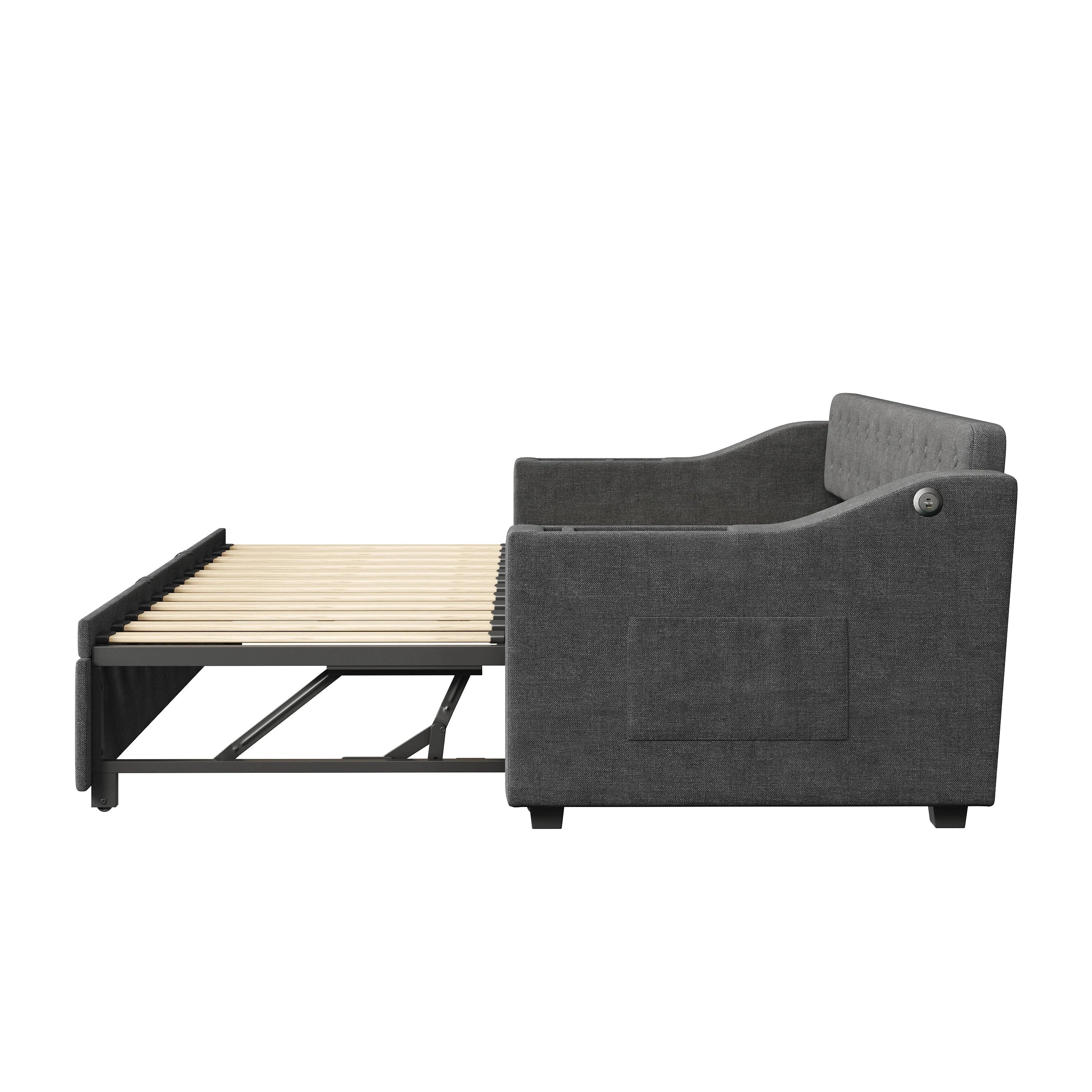 Upholstered Daybed Sofa Bed 90×190 cm with Charging Station – 3FT Single Linen Bed Frame Manwatstore