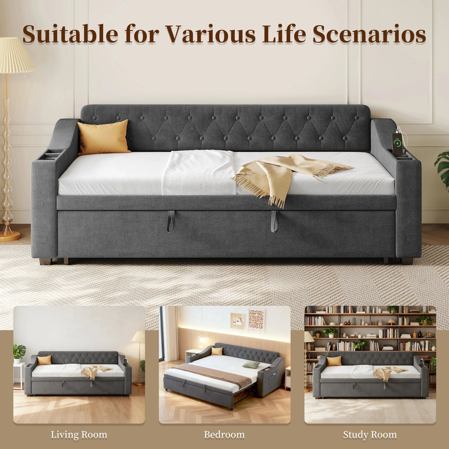 Upholstered Daybed Sofa Bed 90×190 cm with Charging Station – 3FT Single Linen Bed Frame Manwatstore