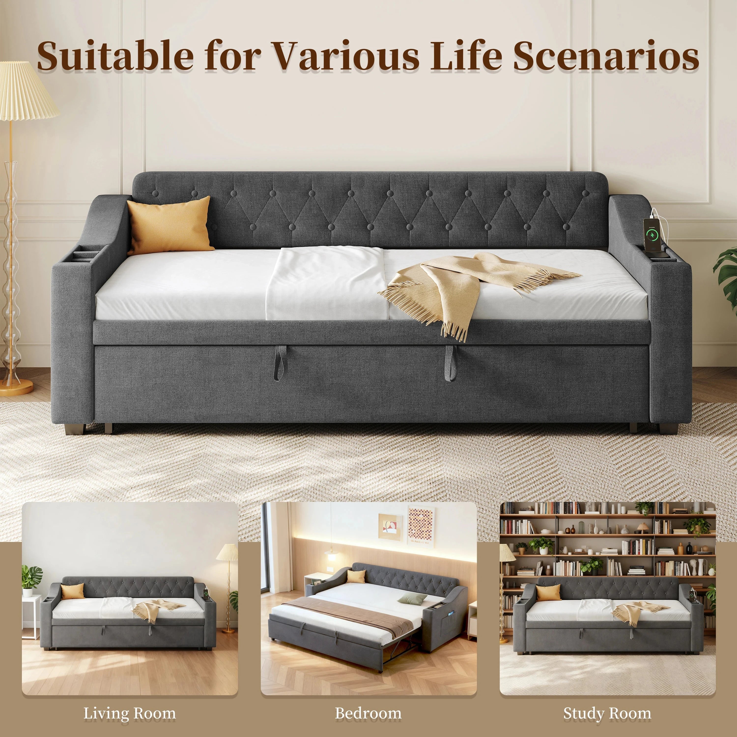Upholstered Daybed Sofa Bed 90×190 cm with Charging Station – 3FT Single Linen Bed Frame Manwatstore