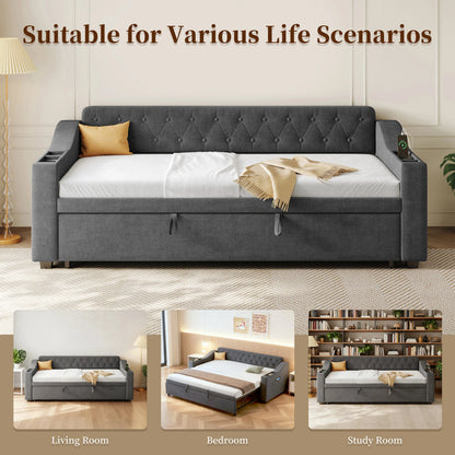 Upholstered Daybed Sofa Bed 90×190 cm with Charging Station – 3FT Single Linen Bed Frame Manwatstore