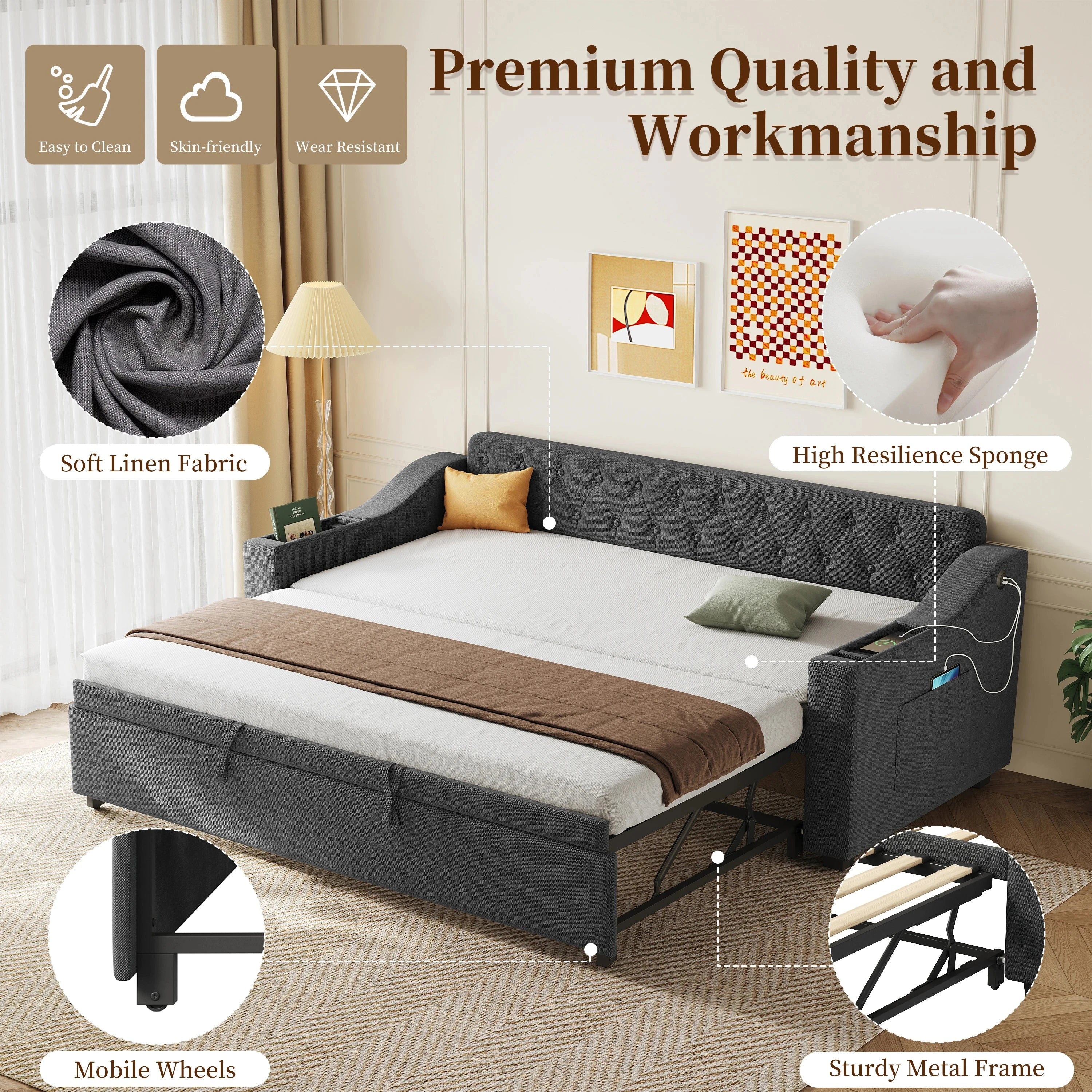 Upholstered Daybed Sofa Bed 90×190 cm with Charging Station – 3FT Single Linen Bed Frame Manwatstore