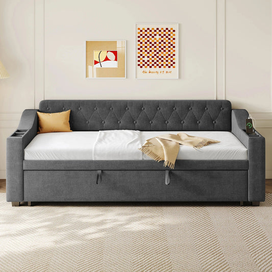 Upholstered Daybed Sofa Bed 90×190 cm with Charging Station – 3FT Single Linen Bed Frame Manwatstore