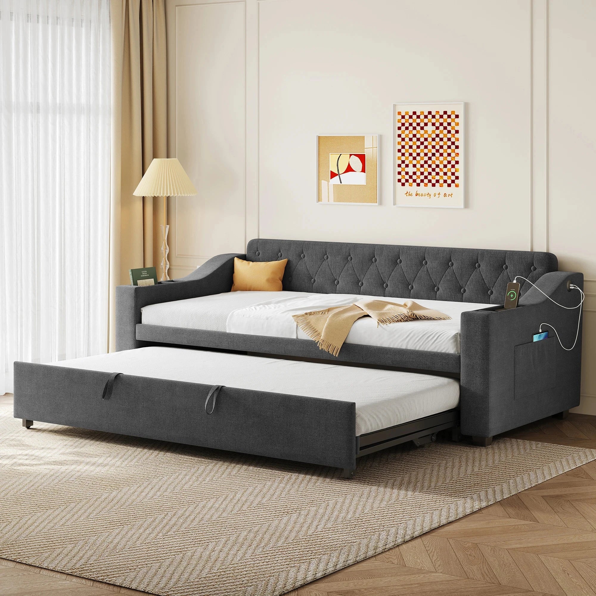 Upholstered Daybed Sofa Bed 90×190 cm with Charging Station – 3FT Single Linen Bed Frame Manwatstore