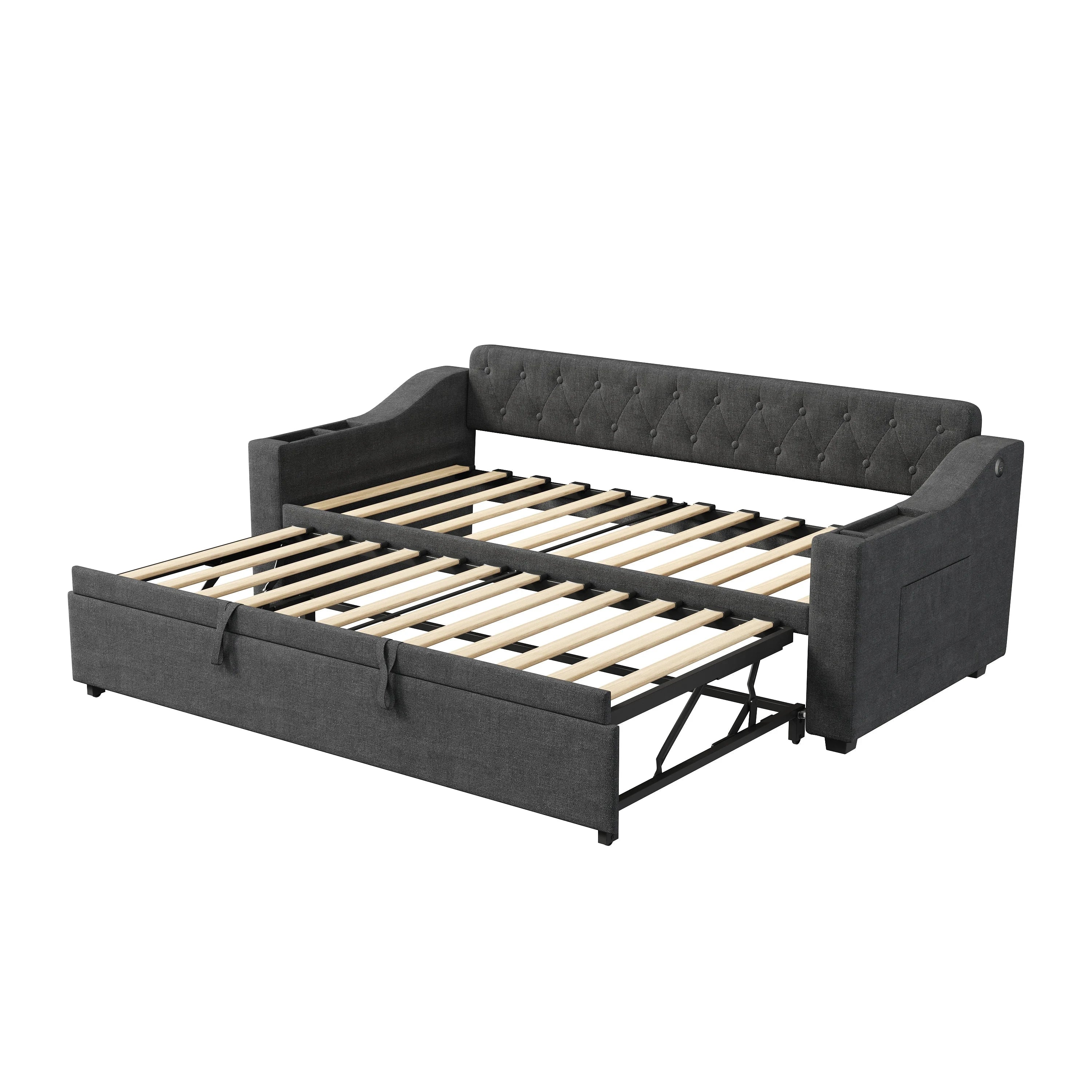 Upholstered Daybed Sofa Bed 90×190 cm with Charging Station – 3FT Single Linen Bed Frame Manwatstore