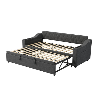Upholstered Daybed Sofa Bed 90×190 cm with Charging Station – 3FT Single Linen Bed Frame Manwatstore
