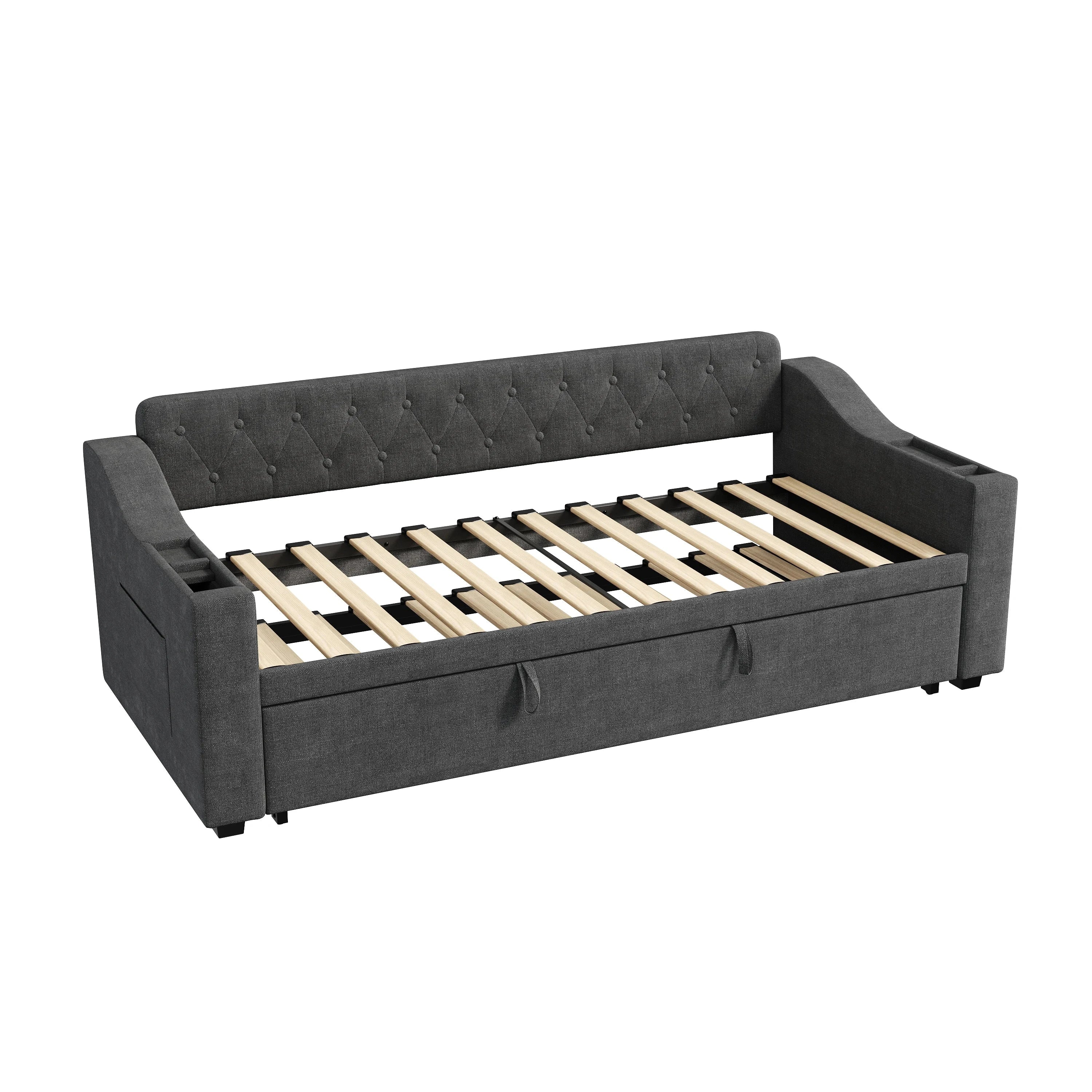 Upholstered Daybed Sofa Bed 90×190 cm with Charging Station – 3FT Single Linen Bed Frame Manwatstore