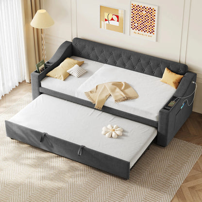 Upholstered Daybed Sofa Bed 90×190 cm with Charging Station – 3FT Single Linen Bed Frame Manwatstore