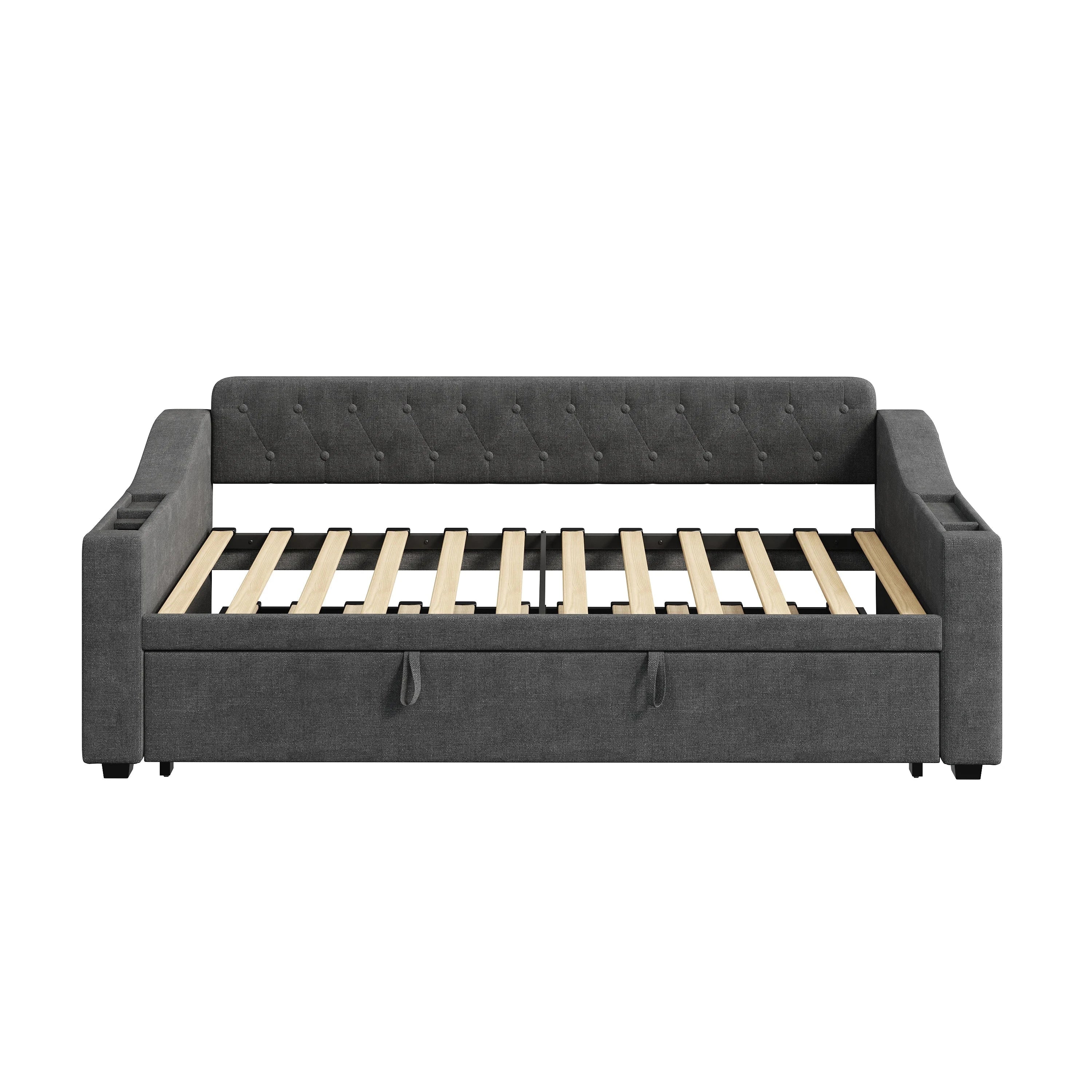Upholstered Daybed Sofa Bed 90×190 cm with Charging Station – 3FT Single Linen Bed Frame Manwatstore