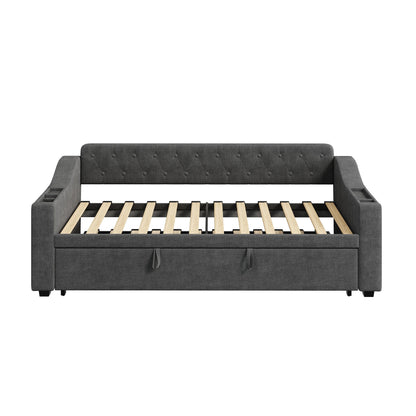 Upholstered Daybed Sofa Bed 90×190 cm with Charging Station – 3FT Single Linen Bed Frame Manwatstore