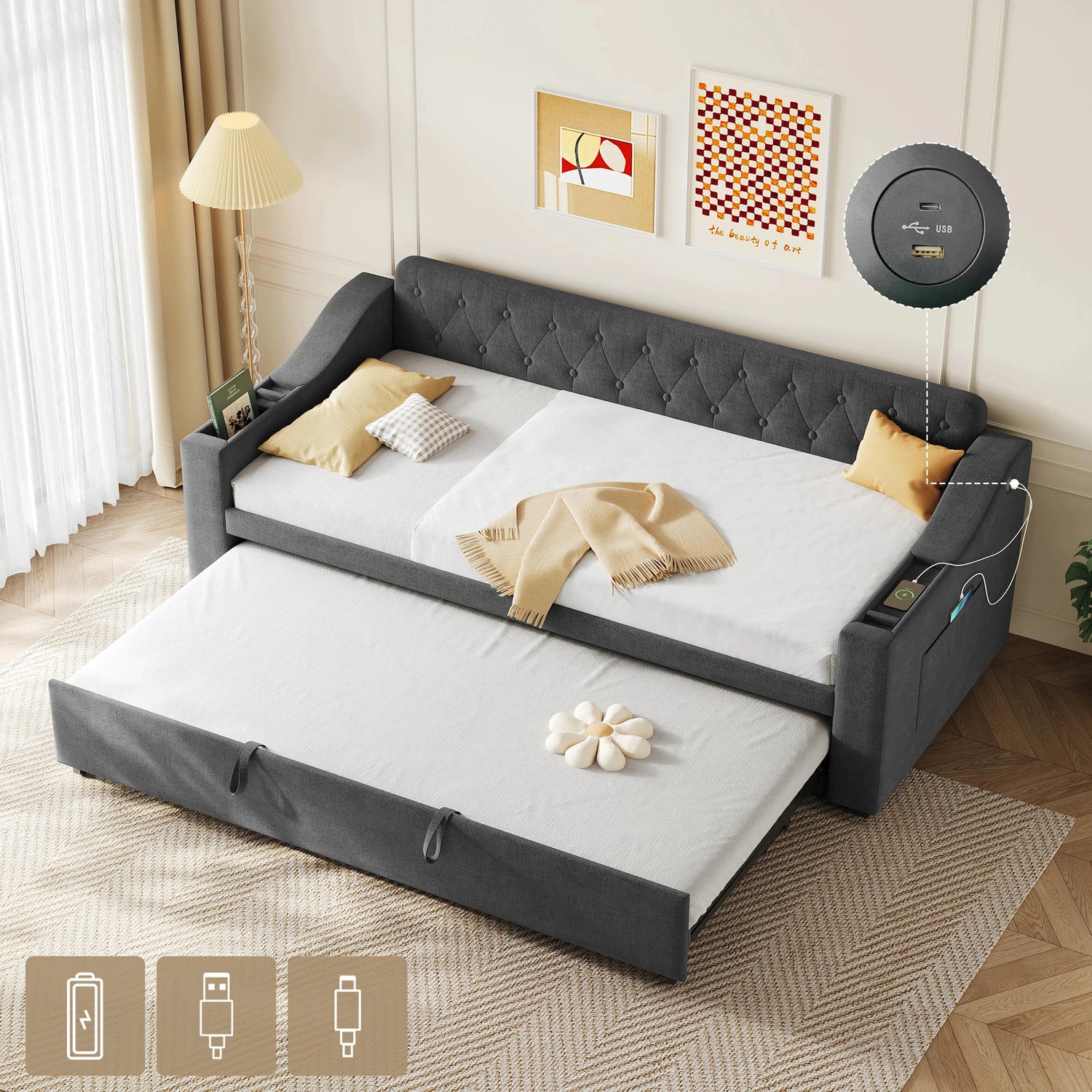 Upholstered Daybed Sofa Bed 90×190 cm with Charging Station – 3FT Single Linen Bed Frame Manwatstore