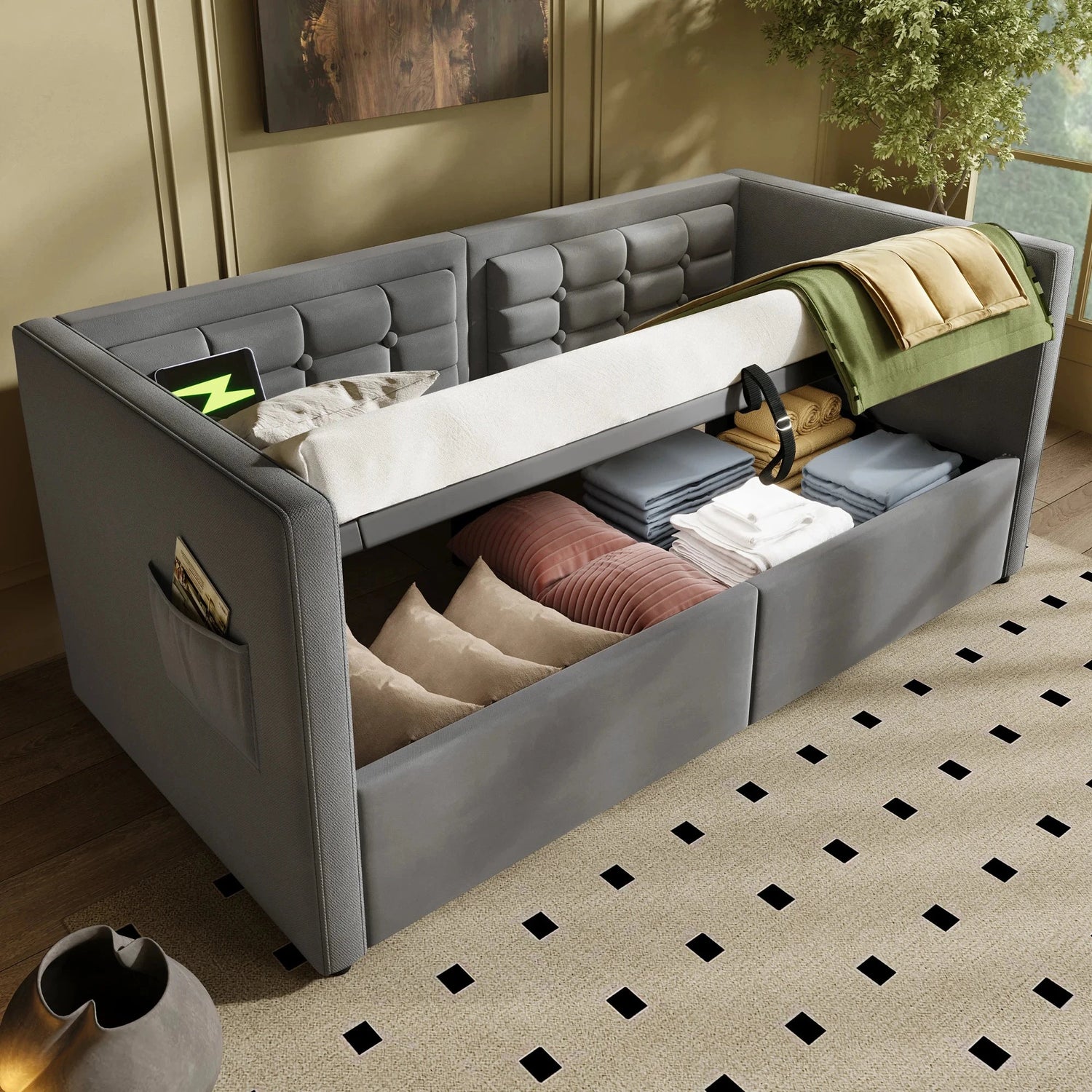 UrbanLift™ Upholstered Single Sofa Bed with Hydraulic Storage (90 × 190 cm / 3FT) Manwatstore