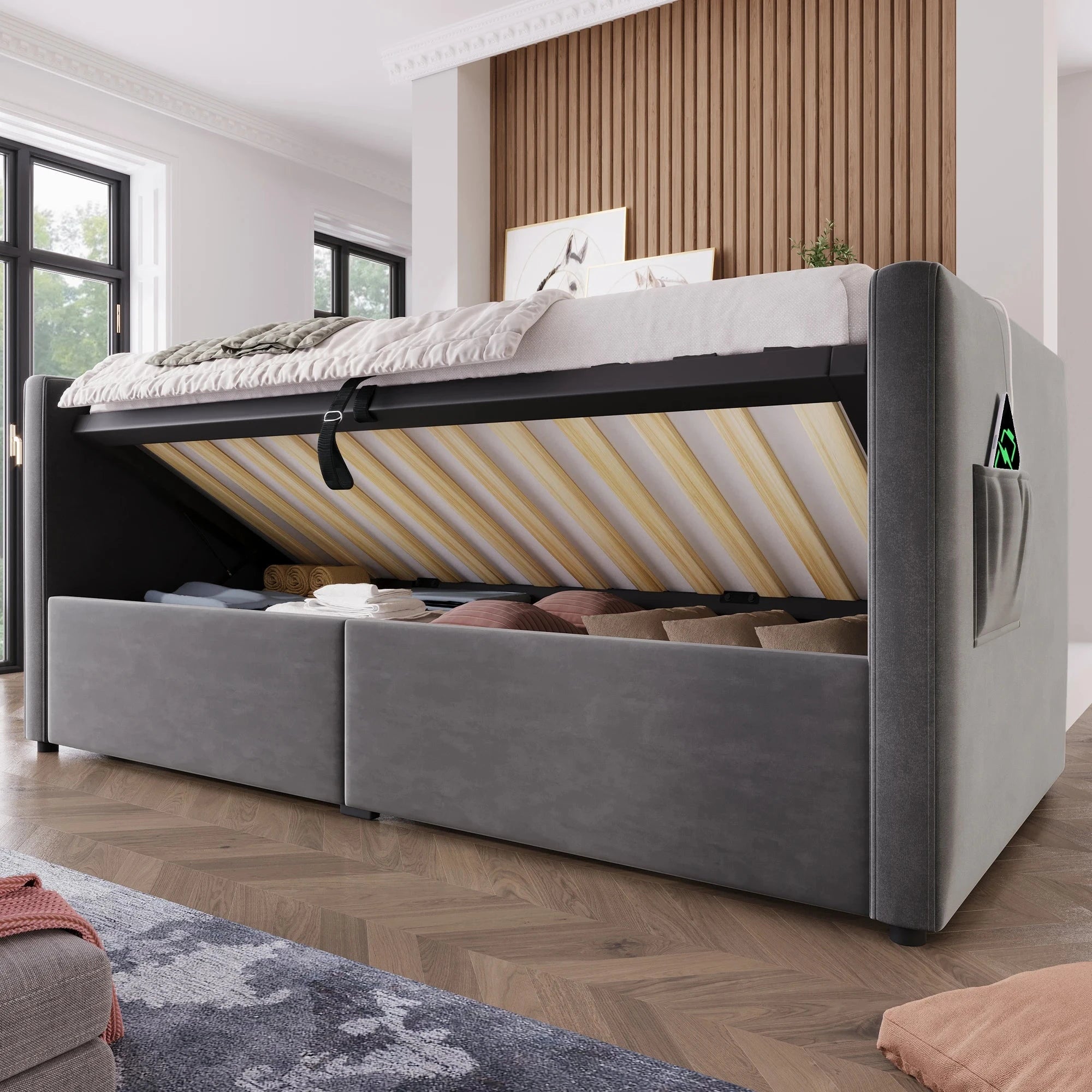 UrbanLift™ Upholstered Single Sofa Bed with Hydraulic Storage (90 × 190 cm / 3FT) Manwatstore