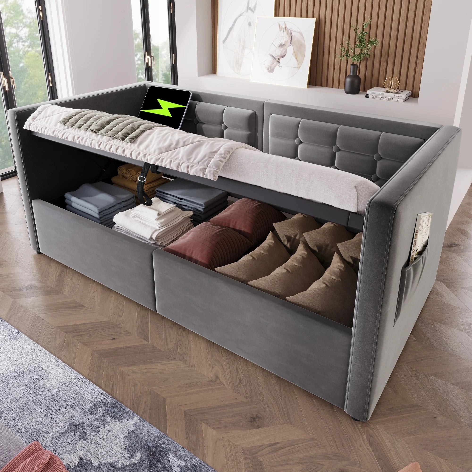 UrbanLift™ Upholstered Single Sofa Bed with Hydraulic Storage (90 × 190 cm / 3FT) Manwatstore