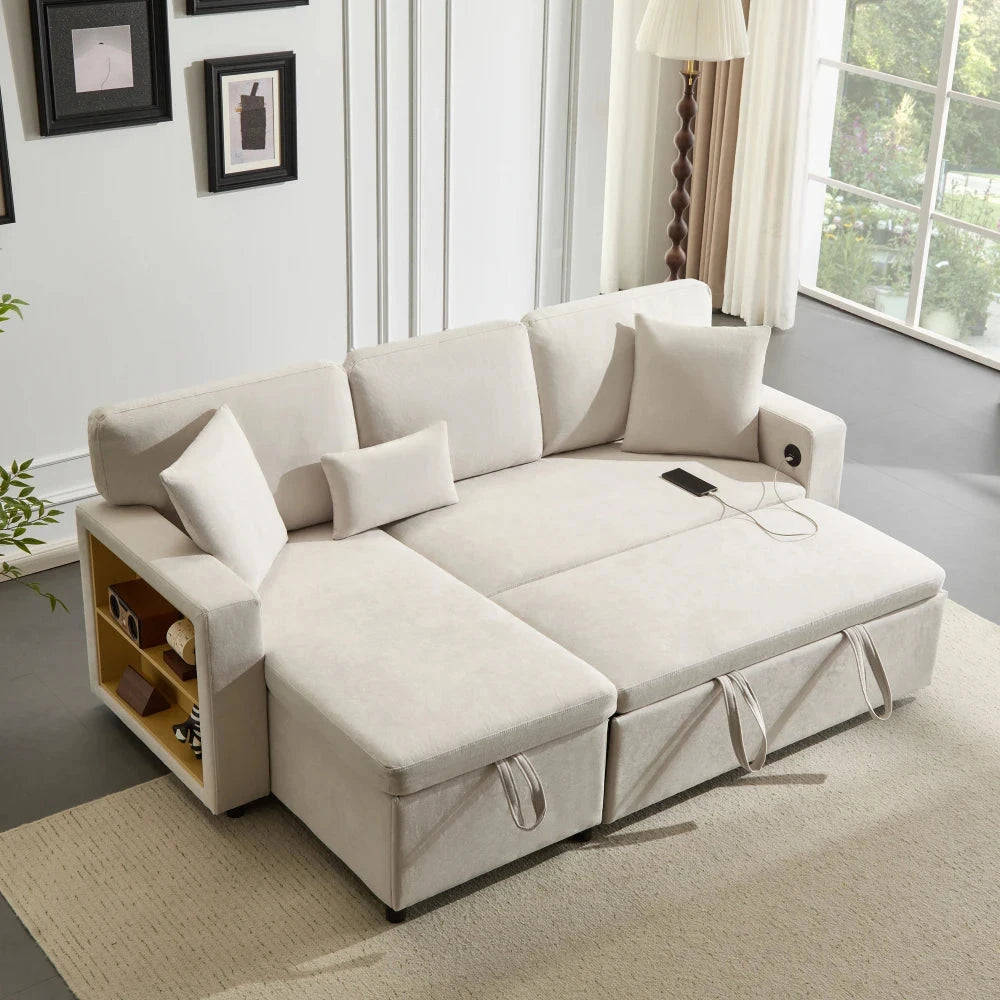 UrbanNest 3-Seater L-Shaped Corner Sofa Bed with Storage &amp; Integrated Shelf Manwatstore