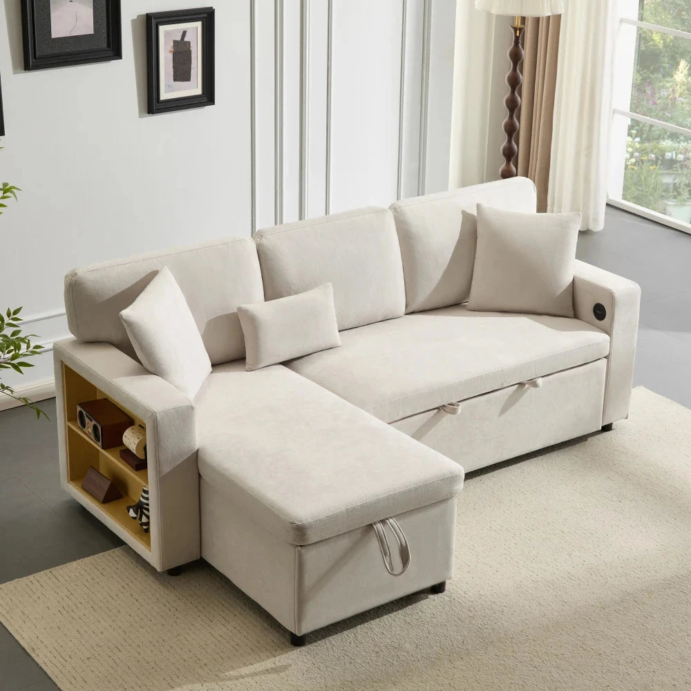 UrbanNest 3-Seater L-Shaped Corner Sofa Bed with Storage &amp; Integrated Shelf Manwatstore