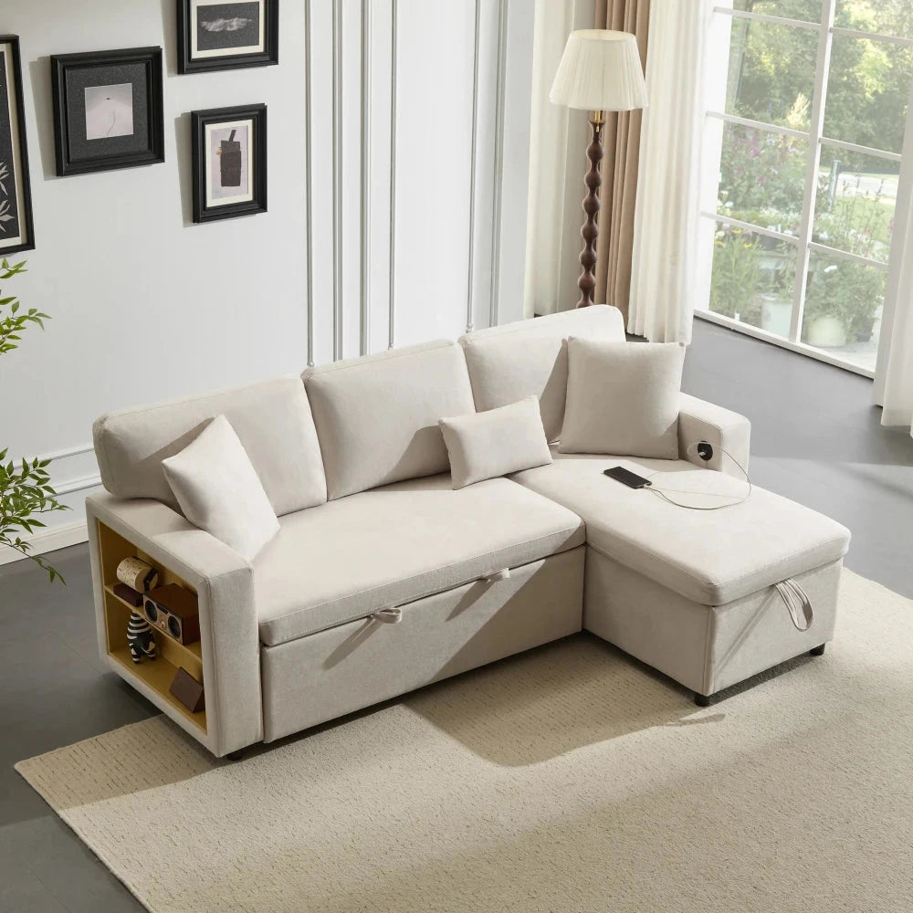 UrbanNest 3-Seater L-Shaped Corner Sofa Bed with Storage &amp; Integrated Shelf Manwatstore