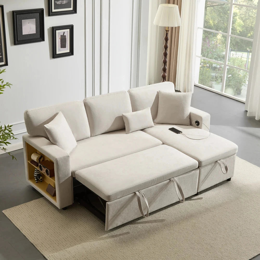 UrbanNest 3-Seater L-Shaped Corner Sofa Bed with Storage &amp; Integrated Shelf Manwatstore