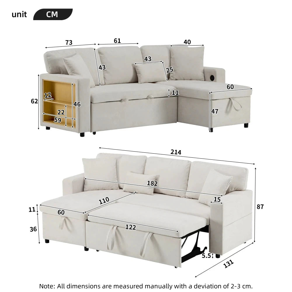 UrbanNest 3-Seater L-Shaped Corner Sofa Bed with Storage &amp; Integrated Shelf Manwatstore
