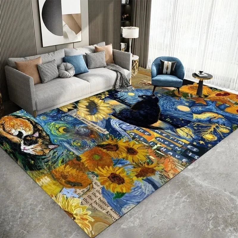 Van Gogh Style Impressionist Art Floor Carpet Starry Night Design Anti-Slip Rug for Kids Room Bedroom Living Room Home Decor Manwatstore