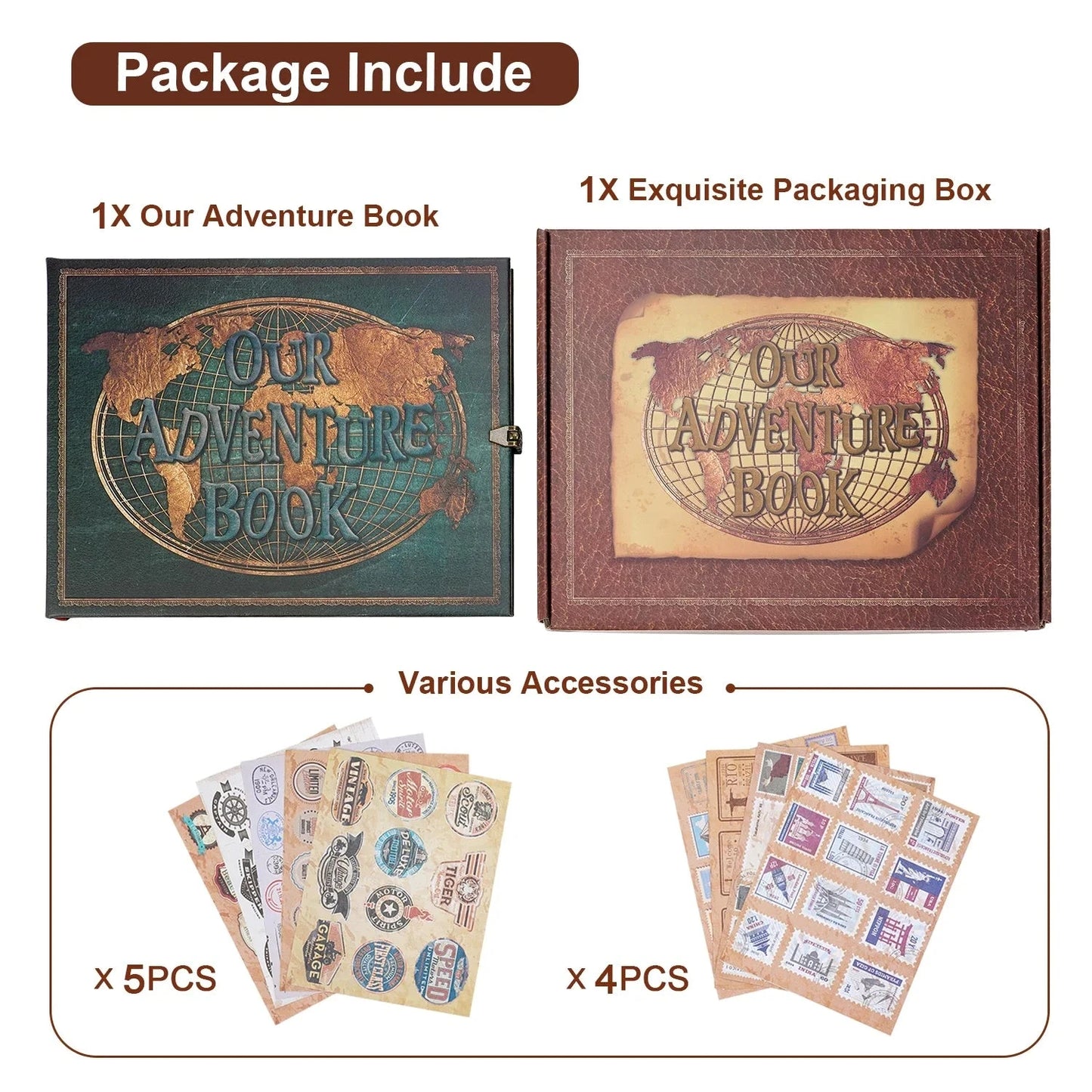 Vintage 12x12 Scrapbook Photo Album – “Our Adventure Book” with Gift Box & Accessories Manwatstore