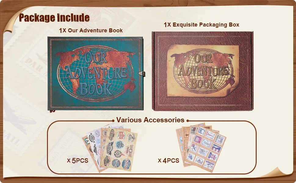 Vintage 12x12 Scrapbook Photo Album – “Our Adventure Book” with Gift Box & Accessories Manwatstore