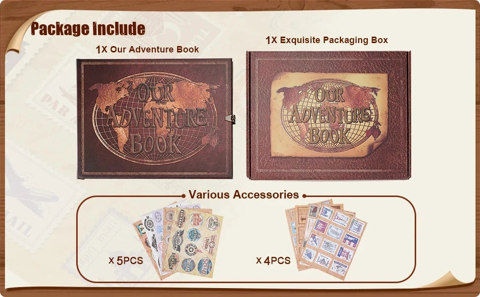 Vintage 12x12 Scrapbook Photo Album – “Our Adventure Book” with Gift Box &amp; Accessories Manwatstore