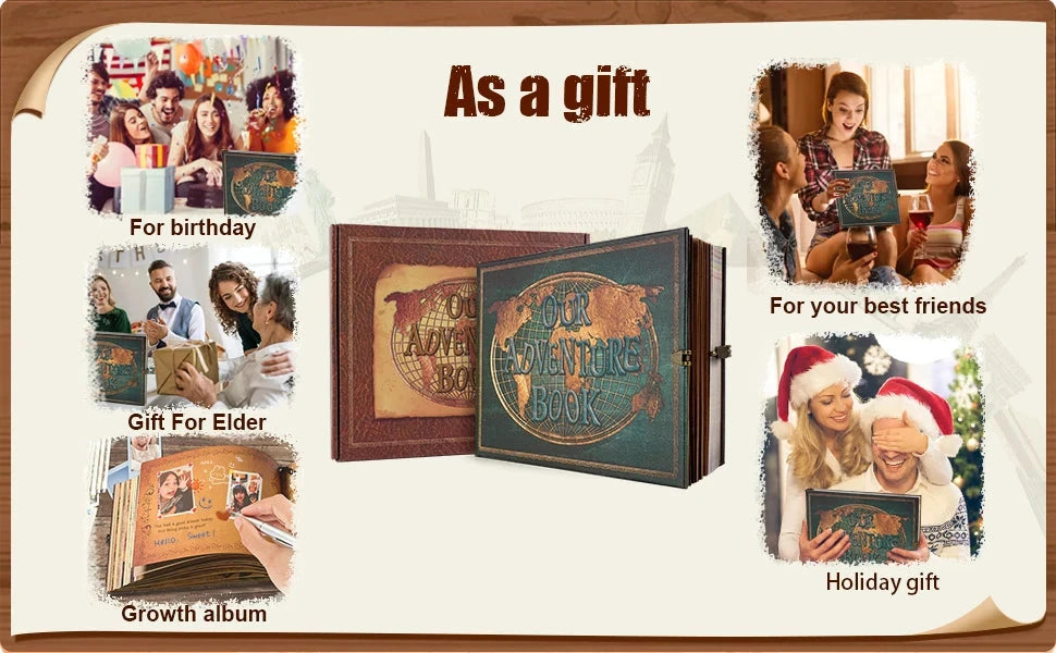 Vintage 12x12 Scrapbook Photo Album – “Our Adventure Book” with Gift Box & Accessories Manwatstore