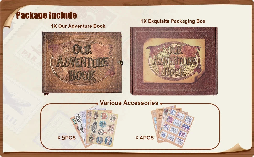 Vintage 12x12 Scrapbook Photo Album – “Our Adventure Book” with Gift Box &amp; Accessories Manwatstore