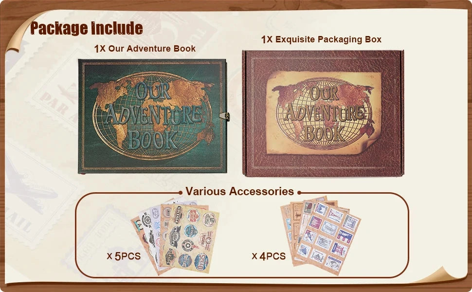 Vintage 12x12 Scrapbook Photo Album – “Our Adventure Book” with Gift Box &amp; Accessories Manwatstore