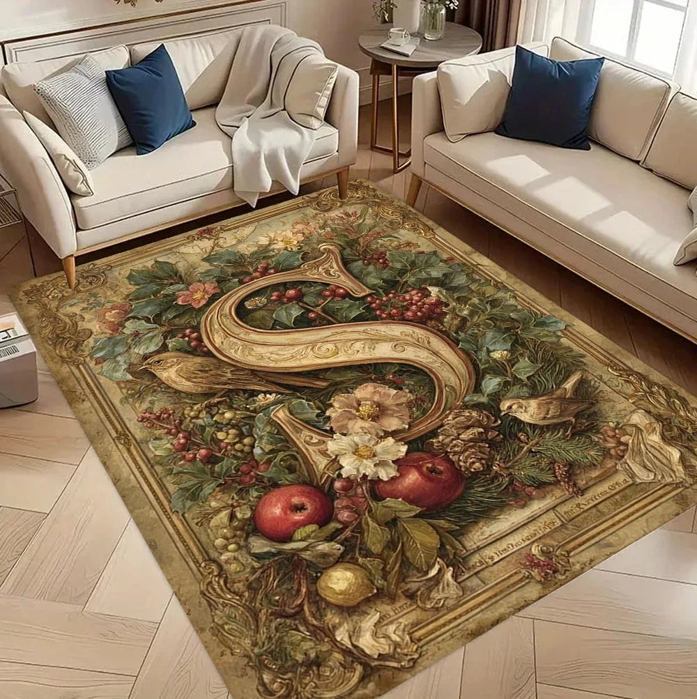 Vintage Botanical Letter Art Pattern Area Rug Illustration Texture Floor Carpet for Living Room Artistic Home Decor Sofa Area Manwatstore