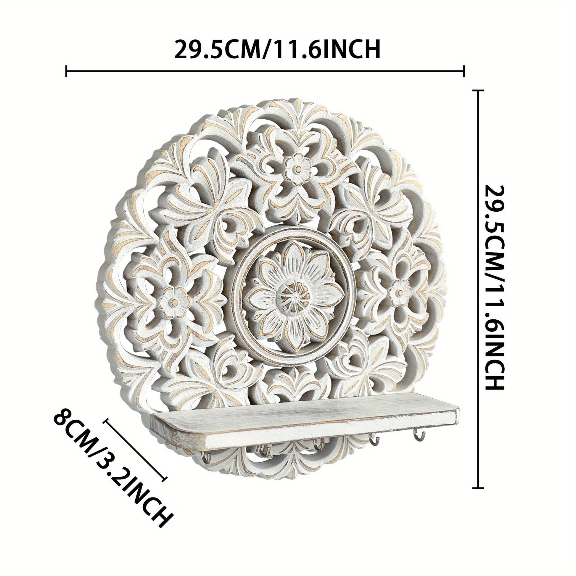 [Wall Shelf With Hooks] 1pc Rustic Whitewashed Wood Floating Wall Shelves Organizer With Hooks Whitewashed Wood Entryway Storage Shelf With 5 Metal Key Hooks For Bedroom Decorative Jewelry Organizer, Wall Decor Manwatstore