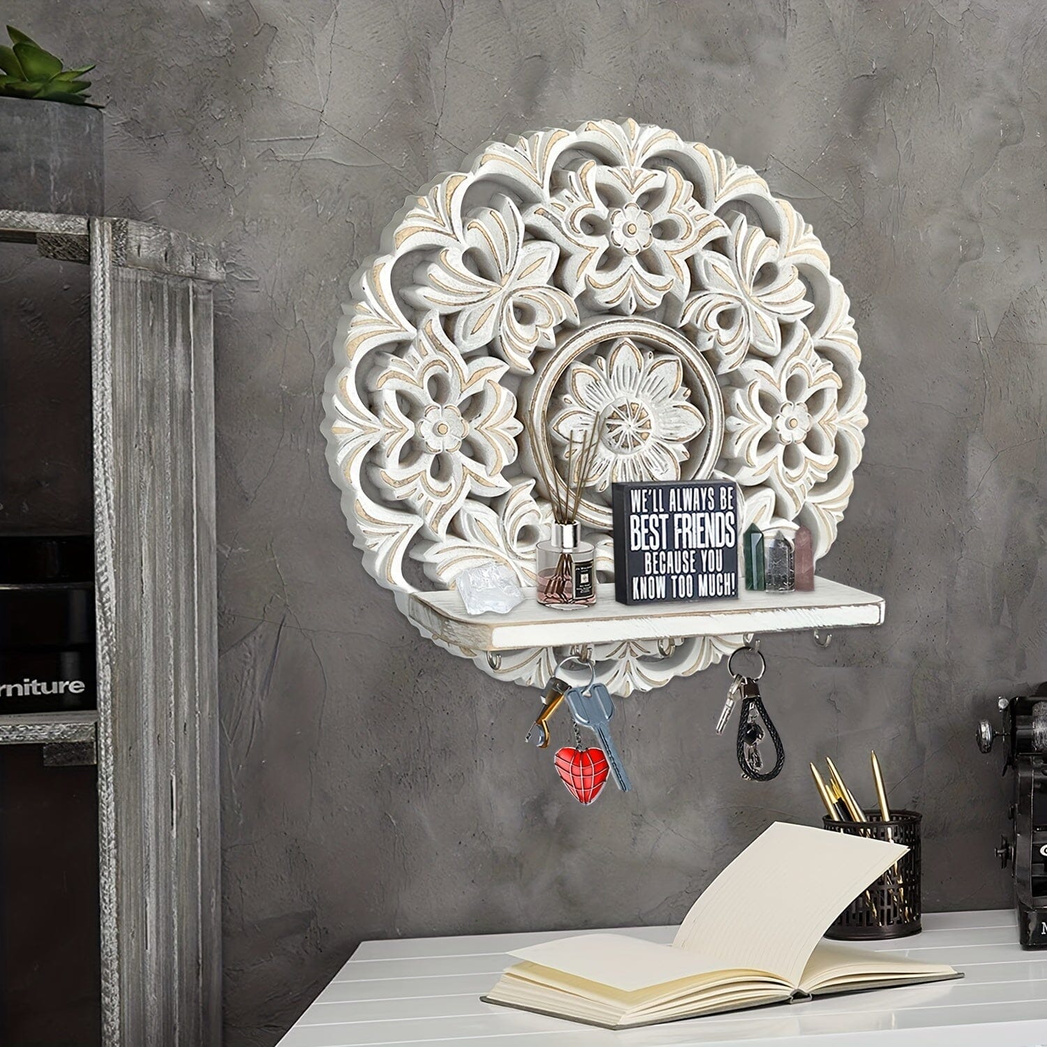 [Wall Shelf With Hooks] 1pc Rustic Whitewashed Wood Floating Wall Shelves Organizer With Hooks Whitewashed Wood Entryway Storage Shelf With 5 Metal Key Hooks For Bedroom Decorative Jewelry Organizer, Wall Decor Manwatstore