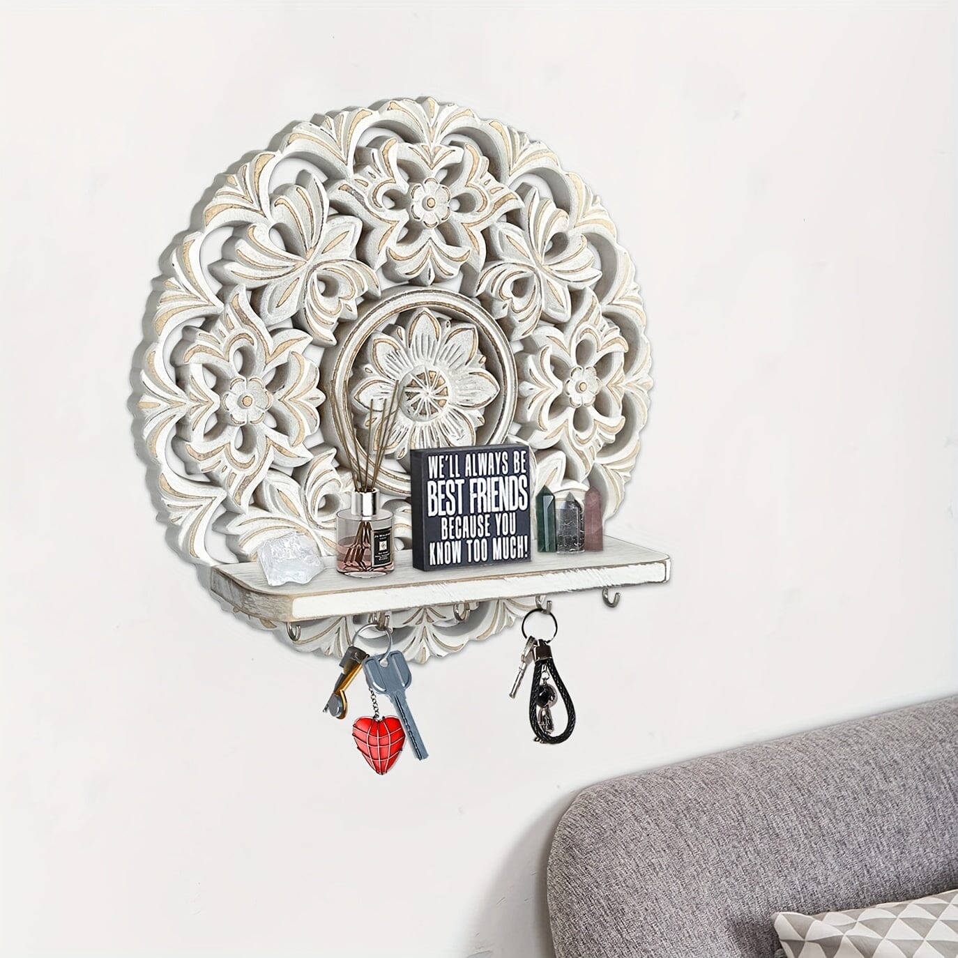 [Wall Shelf With Hooks] 1pc Rustic Whitewashed Wood Floating Wall Shelves Organizer With Hooks Whitewashed Wood Entryway Storage Shelf With 5 Metal Key Hooks For Bedroom Decorative Jewelry Organizer, Wall Decor Manwatstore