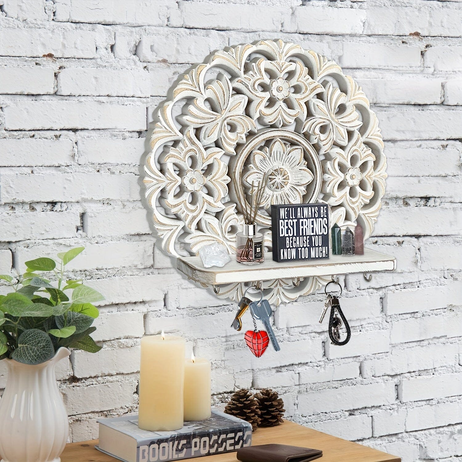 [Wall Shelf With Hooks] 1pc Rustic Whitewashed Wood Floating Wall Shelves Organizer With Hooks Whitewashed Wood Entryway Storage Shelf With 5 Metal Key Hooks For Bedroom Decorative Jewelry Organizer, Wall Decor Manwatstore