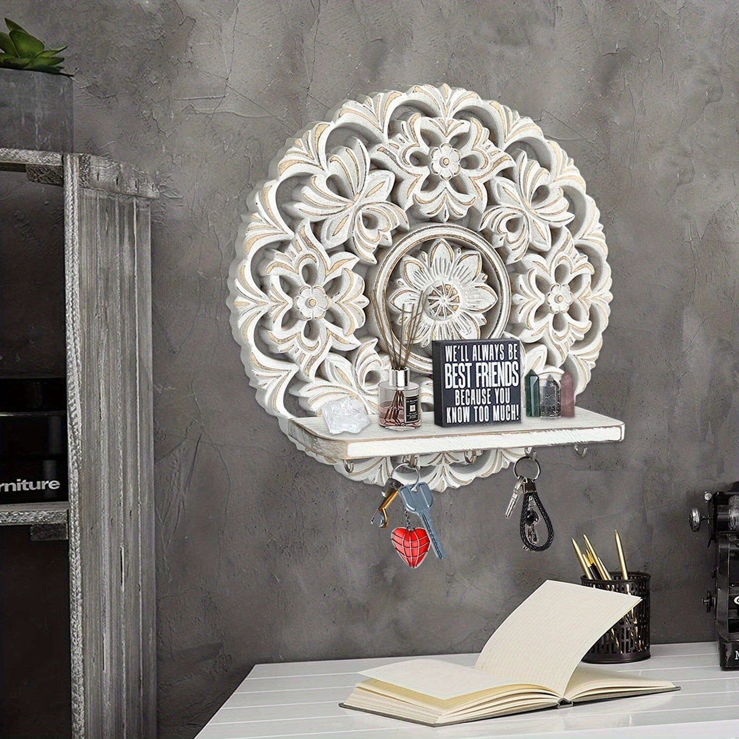 [Wall Shelf With Hooks] 1pc Rustic Whitewashed Wood Floating Wall Shelves Organizer With Hooks Whitewashed Wood Entryway Storage Shelf With 5 Metal Key Hooks For Bedroom Decorative Jewelry Organizer, Wall Decor Manwatstore