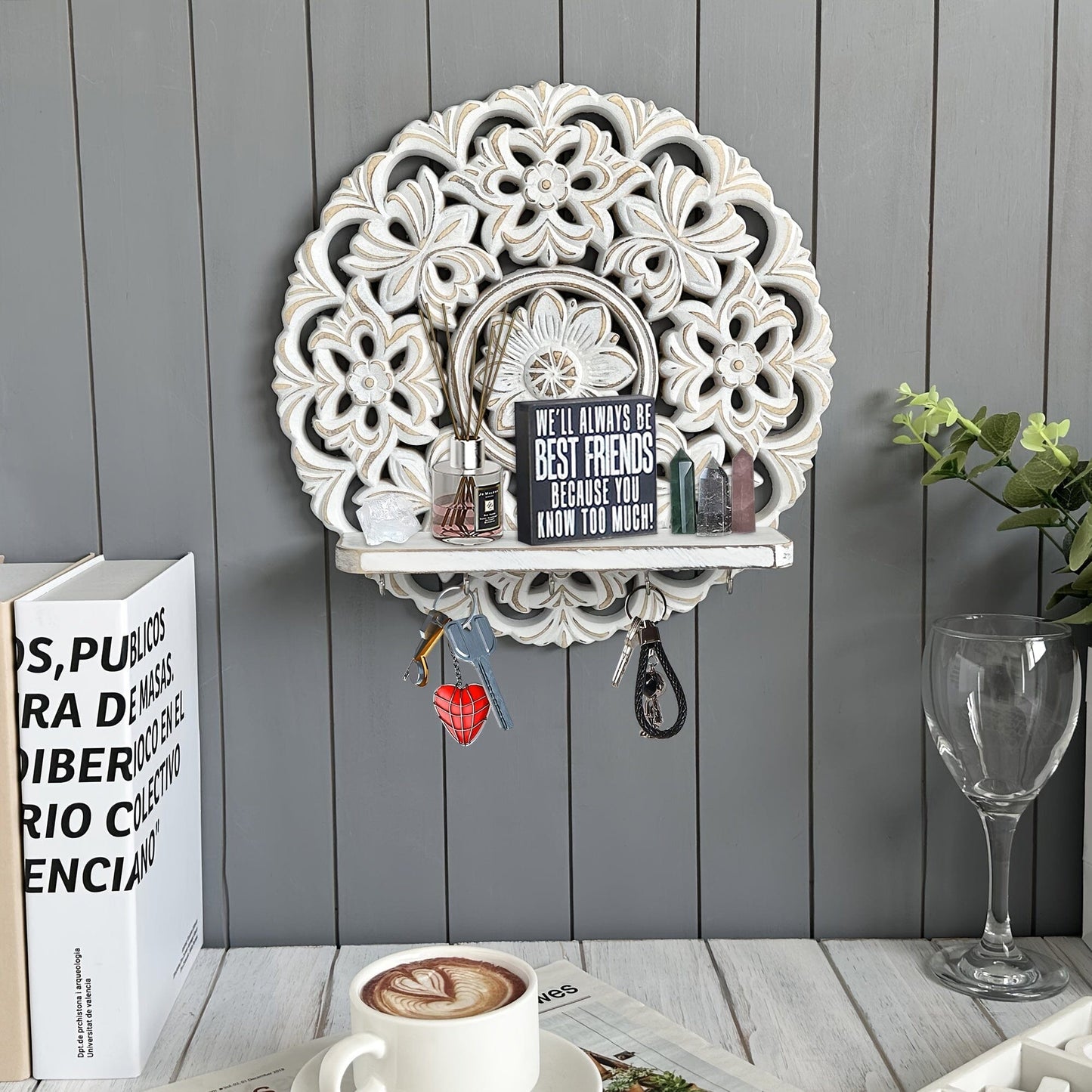 [Wall Shelf With Hooks] 1pc Rustic Whitewashed Wood Floating Wall Shelves Organizer With Hooks Whitewashed Wood Entryway Storage Shelf With 5 Metal Key Hooks For Bedroom Decorative Jewelry Organizer, Wall Decor Manwatstore