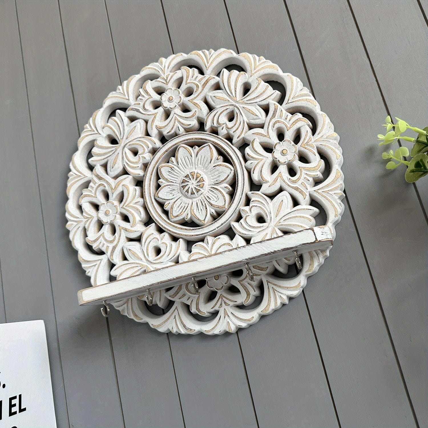 [Wall Shelf With Hooks] 1pc Rustic Whitewashed Wood Floating Wall Shelves Organizer With Hooks Whitewashed Wood Entryway Storage Shelf With 5 Metal Key Hooks For Bedroom Decorative Jewelry Organizer, Wall Decor Manwatstore